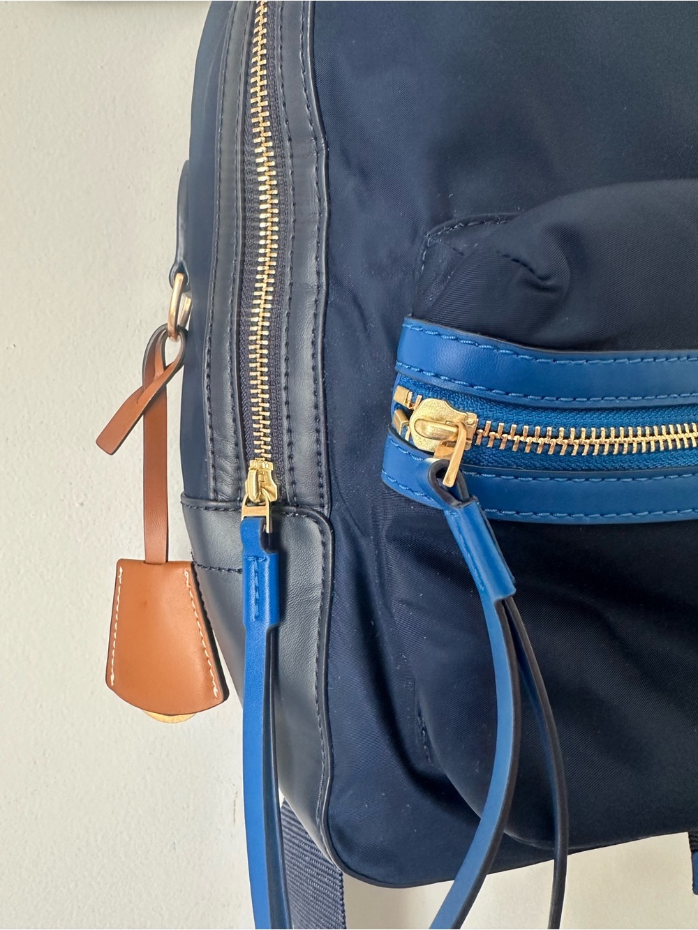 Tory Burch Navy Backpack with Bright Blue Trim and Tan Leather Handle - Picture 7 of 14